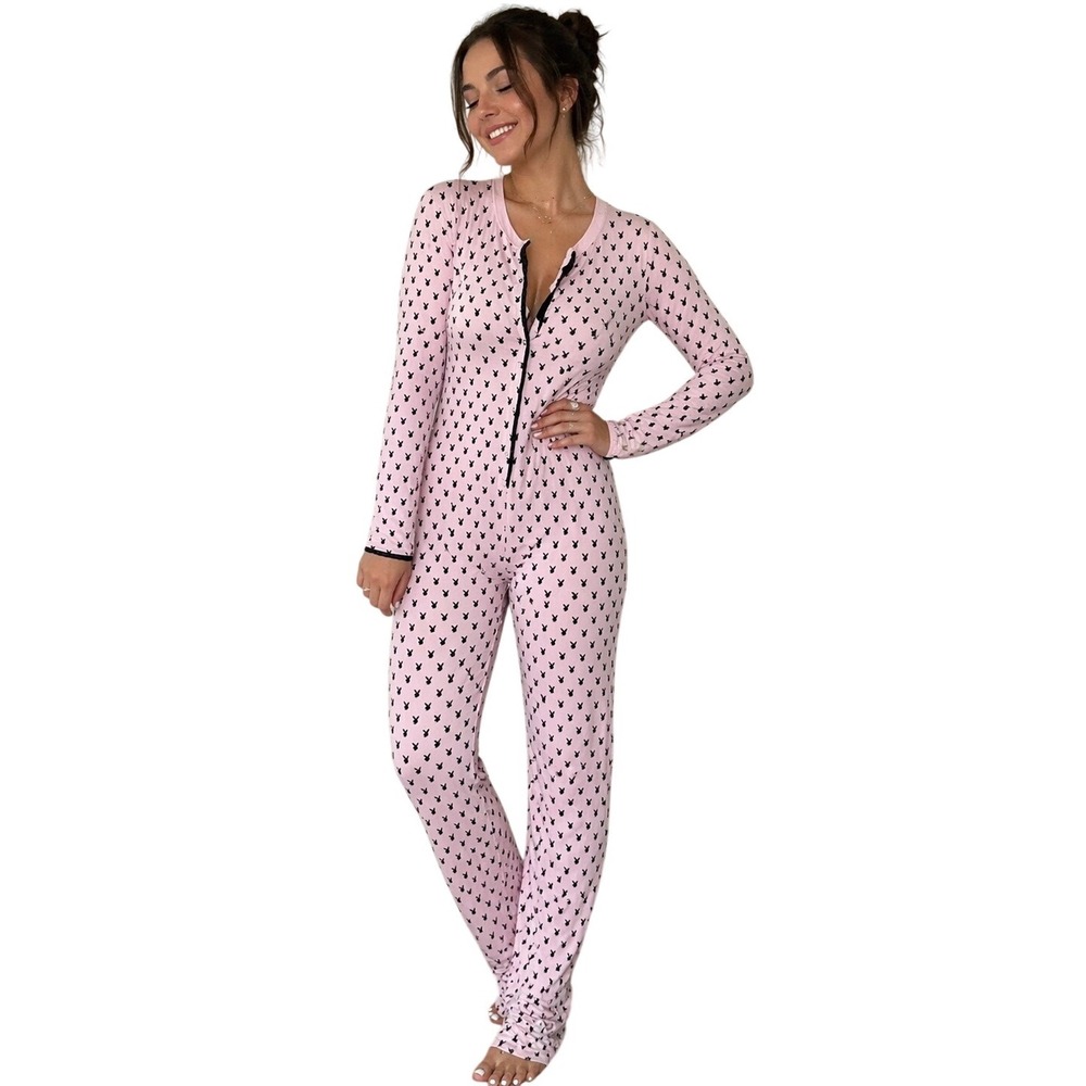 Vintage Shirley of Hollywood Playboy Bunny Print One Piece Snap Butt Flap Sz L